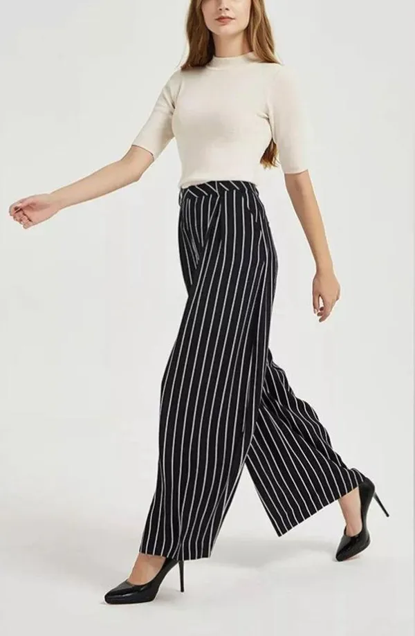 Navy gray and white pinstripe pleated palazzo wide leg trouser pants size large - Image 2