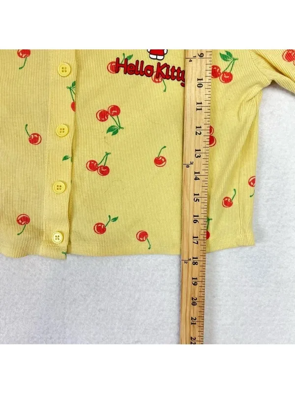 Hello Kitty Cardigan Sz M Yellow Ribbed Baby Doll Cropped Long Sleeve Button up - Image 9