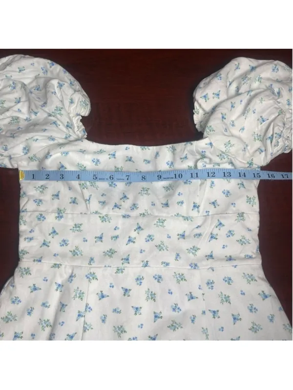 Altar’d State “Shianna” White Blue Ditsy Floral Puff Sleeve Mini Dress Size M - Image 6