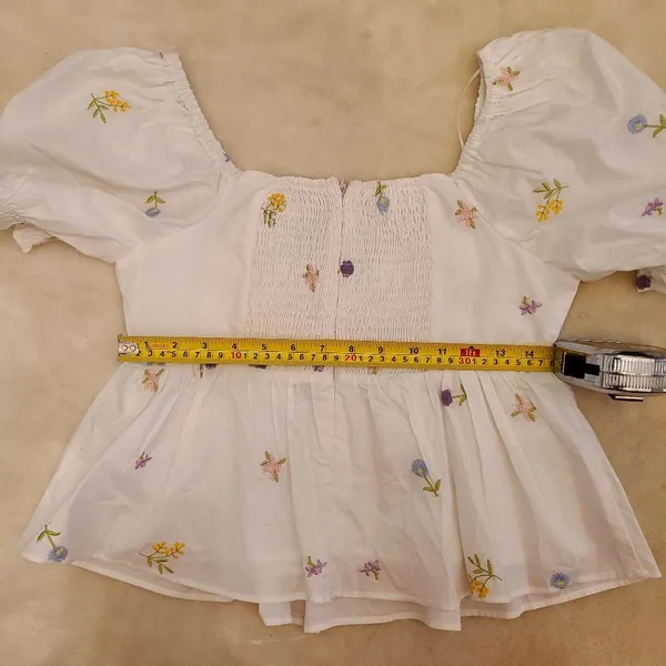 English Factory White Puff Sleeve Embroidered Floral Peplum Top - Image 10