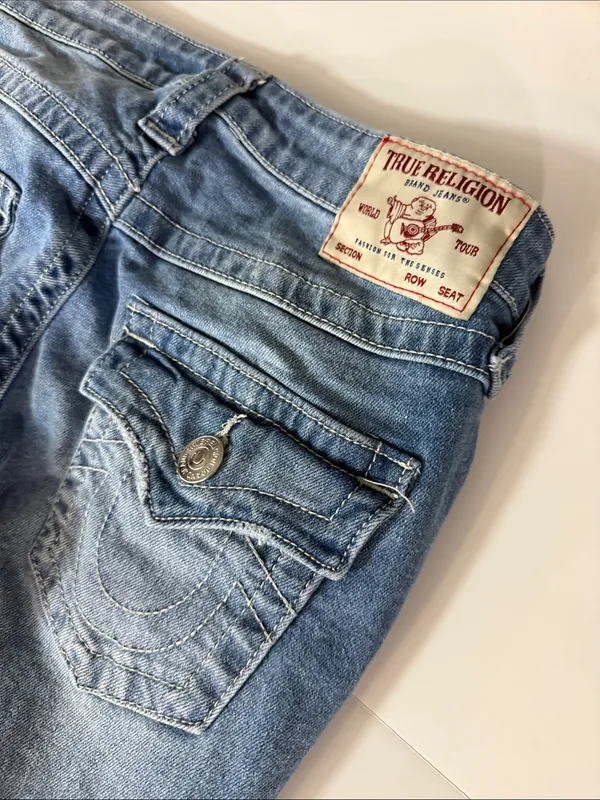 True Religion Blue Flare Jeans with Rhinestone Script - Image 9