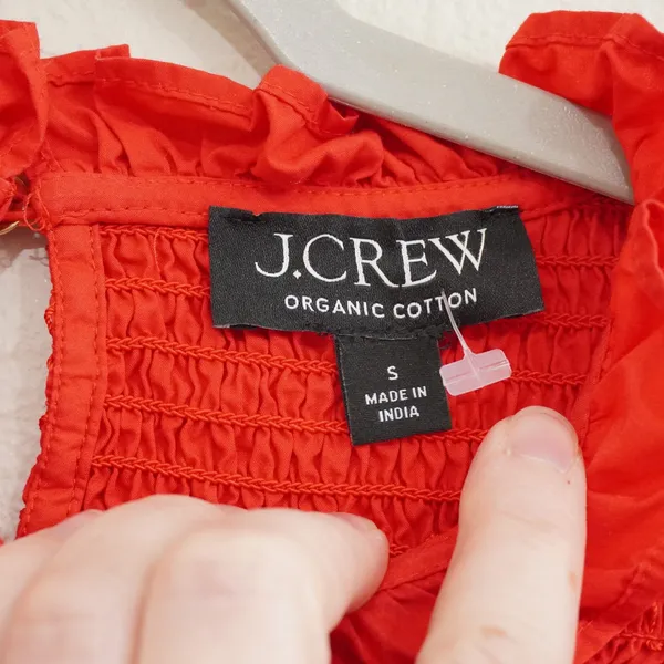 J. Crew Small Smocked Top Bright Red Puff Sleeve Ruffle Neck Organic Cotton - Image 4