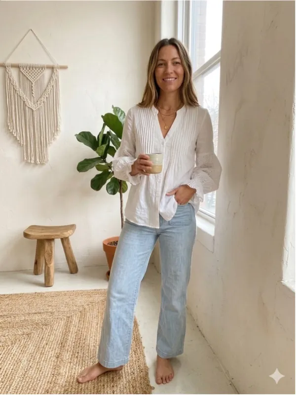 White Eyelet Puff Sleeve Pintuck Blouse Button Front High Low Tunic Boho Cottage - Image 2