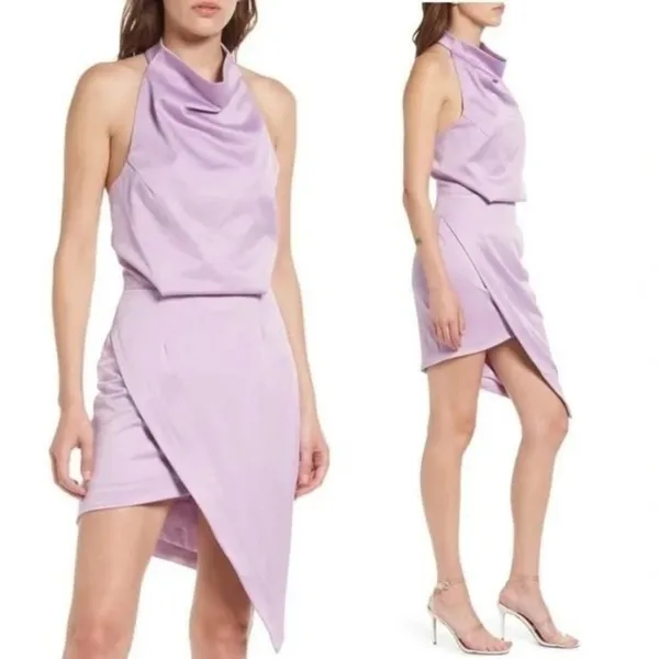 Elliatt Asymmetric Satin Cocktail Midi Women's Dress Lilac Size Small - Image 2