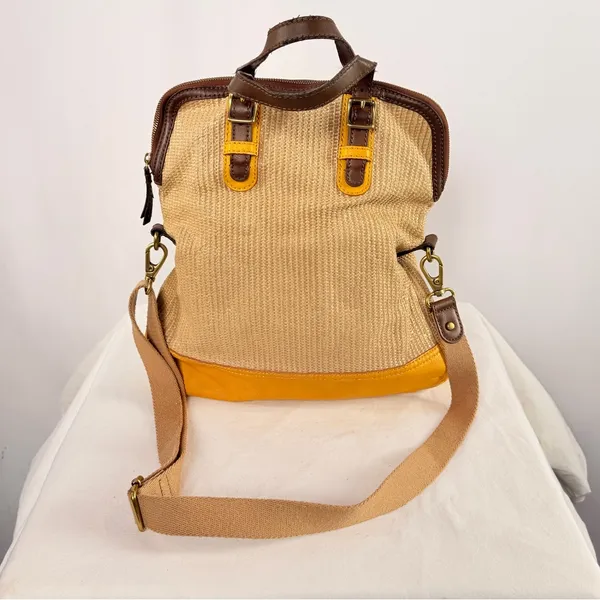 Fossil Woven & Leather‎ Fold Over Handbag with Strap Tan Brown Yellow - Image 2