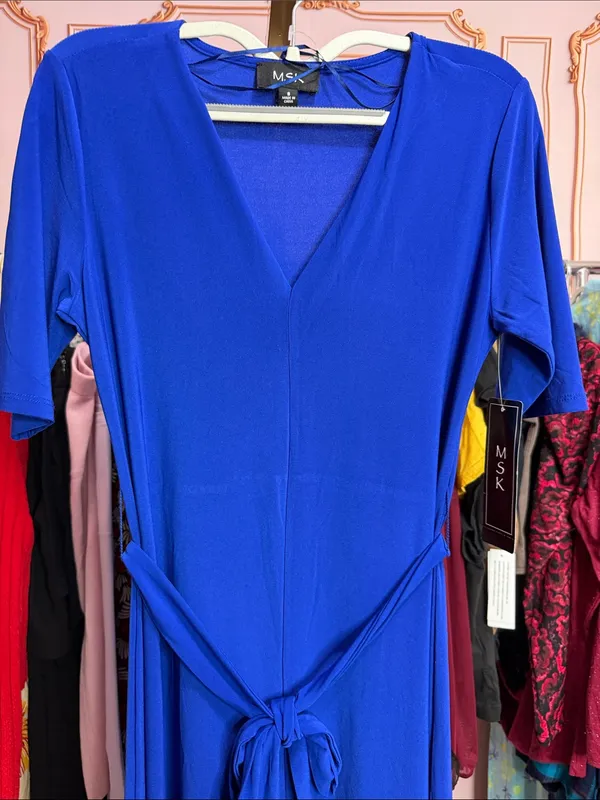 MSK Royal Blue Tie Waist V Neck Maxi Dress Short Sleeve Stretch. Size S - Image 3