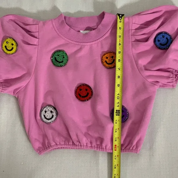 Queen of Sparkles 3D Beaded Smiley Poof Bubble Crop Top pink‎ small - Image 5
