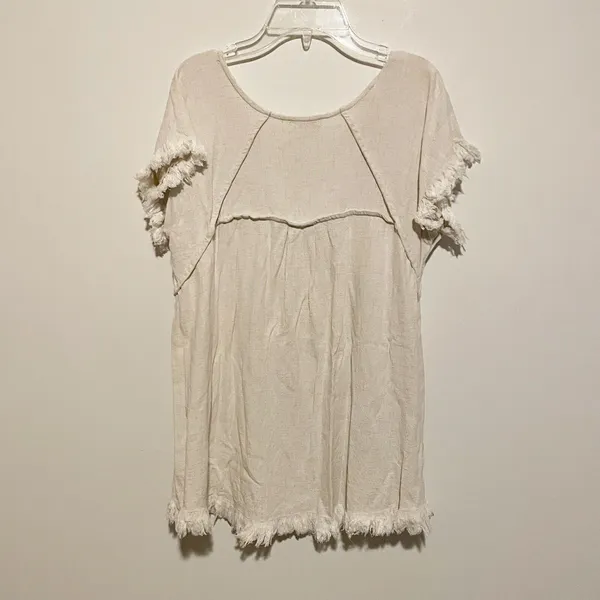 Umgee Size S Beige Oatmeal Short Sleeve Linen Cotton Frayed Tunic Top - Image 5