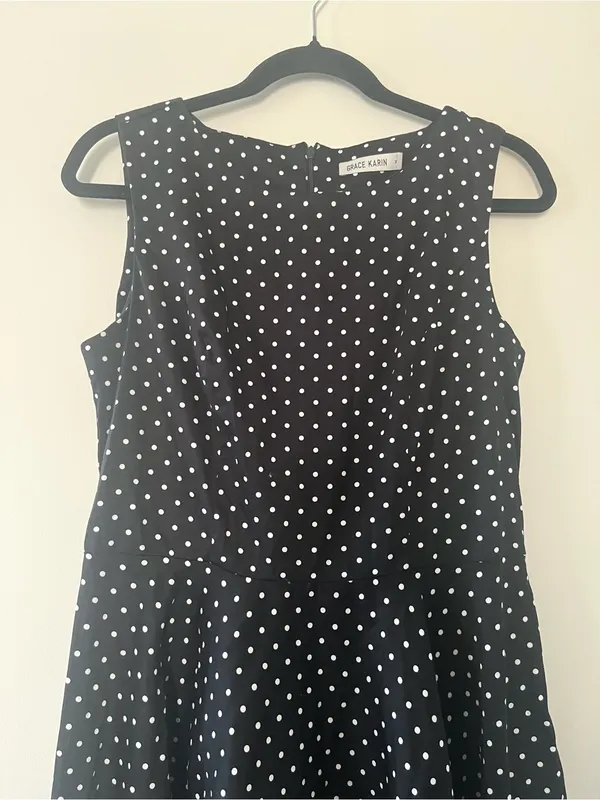 Grace Karin Black White Polka Dot Fit & Flare Midi Dress Medium Office Work Modest Church - Image 3