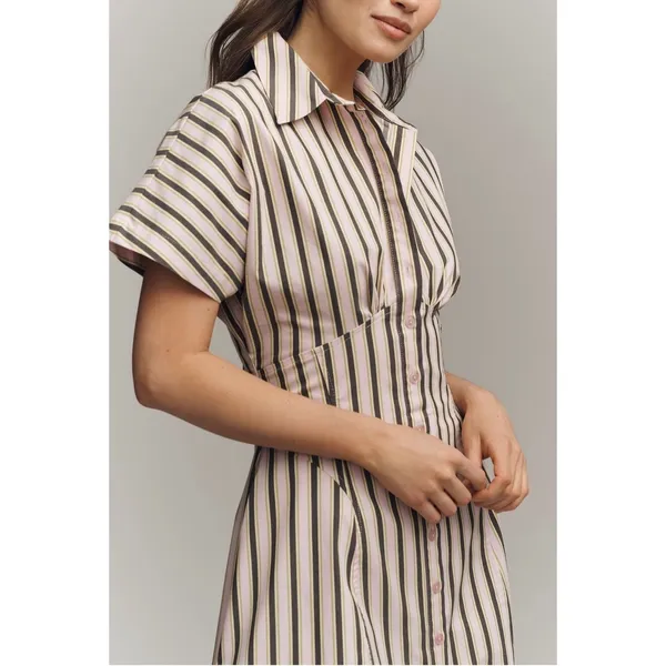 Anthropologie Exquise Raina Short Sleeve Midi Dress Size XS Pink Brown Stripe - Image 2