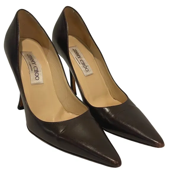 Jimmy Choo London Heels Pumps Pointed‎ Toe Leather Brown Designer Shoes 36.5/6.5 - Image 2