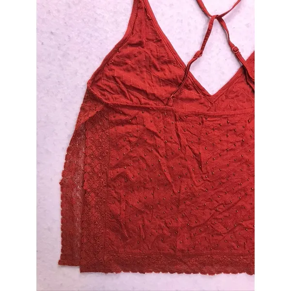 Free People Scarlette Cami Top Women XS Red Beaded Lace Trim Boho Tank - Image 8