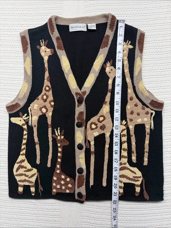 Vintage Bellepointe Black Knit Giraffe Button Vest Size M - Image 4