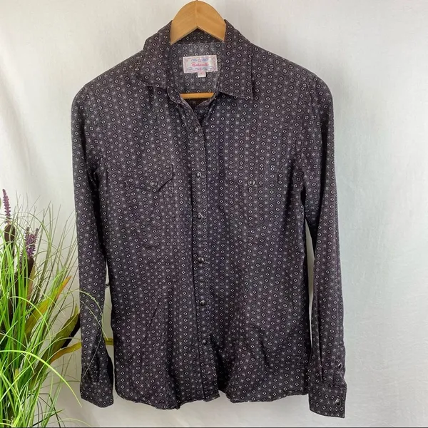 Panhandle Gray & Black Print Pearl Snap Long Sleeve Western Cowgirl Rodeo Top S - Image 2