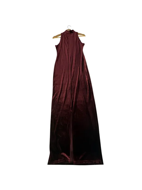 MINKPINK Women M Burgundy Velvet Maxi Dress Mock Neck Whimsigoth Gothic Slit - Image 5