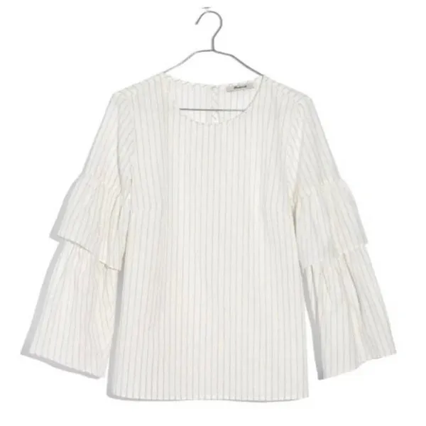 Madewell Tiered‎ Ruffled Flare Accent Sleeves White Grey Striped Blouse - XS - Image 3