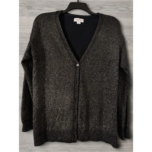 Velvet by Graham & Spencer Lurex Cotton Cashmere Blend Cardigan Black Metallic M - Image 7