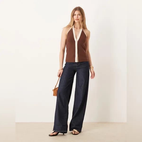 Abercrombie Ribbed Halter Top Sweater Vest | Brown & Cream Button Up Knit XL - Image 4