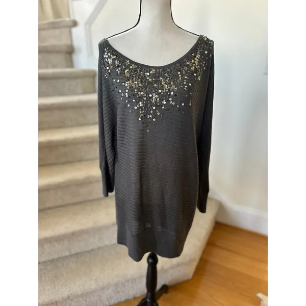 Vintage Y2K Cache Off the Shoulder Grey Sequin Long Line Sweater Mini Dress - Image 2