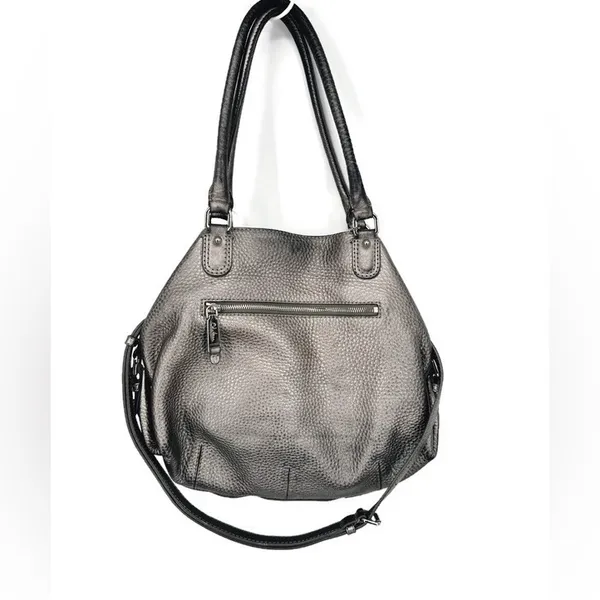 Cole Haan XL‎ Silver Pebbled Leather Satchel Hobo Shoulder Bag Crossbody Strap - Image 2