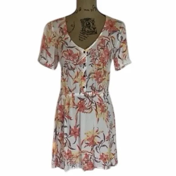 Hurley Floral Button Front Mini Dress Cream Coral Puff Sleeve Size Large - Image 5