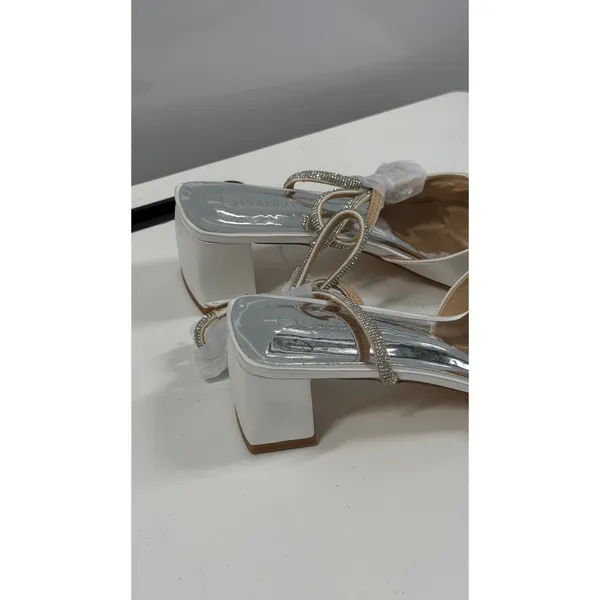 Coutigo White Satin Block Heel Sandals Rhinestone Bow Ankle Strap Size 11 - Image 4