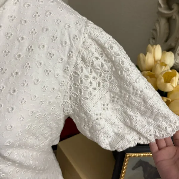 FREE PEOPLE Apricot Rose Mini‎ Dress Lace Eyelet Open Back in White Size Medium - Image 5