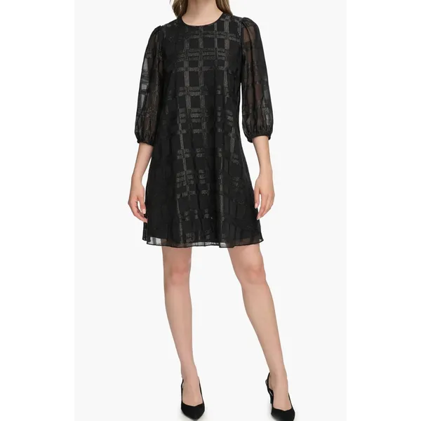Calvin Klein Metallic Windowpane Trapeze Dress | Black | Size 16 | Sheer Sleeve - Image 5