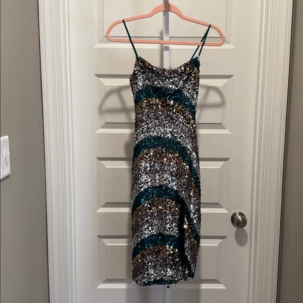 City Studio Sequin Midi Dress‎ Size 0 NWT Green Gold Silver Sparkle Party Glam - Image 3