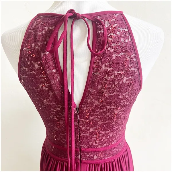 Morgan & Co Size Small Keyhole Sequins Tie Back Halter Maxi Dress Prom Maroon - Image 12