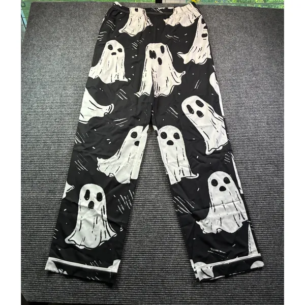 Black Ghost Print Pajama Set Women Large Long Sleeve Button Down Halloween PJs - Image 3
