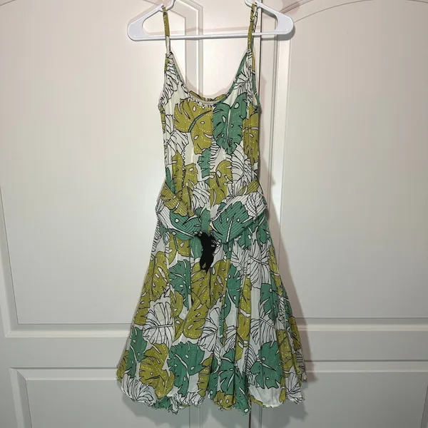 Tori Richard Tropical Leaf‎ Print Belted Mini Dress Green Boho Cotton Resort 4 - Image 2