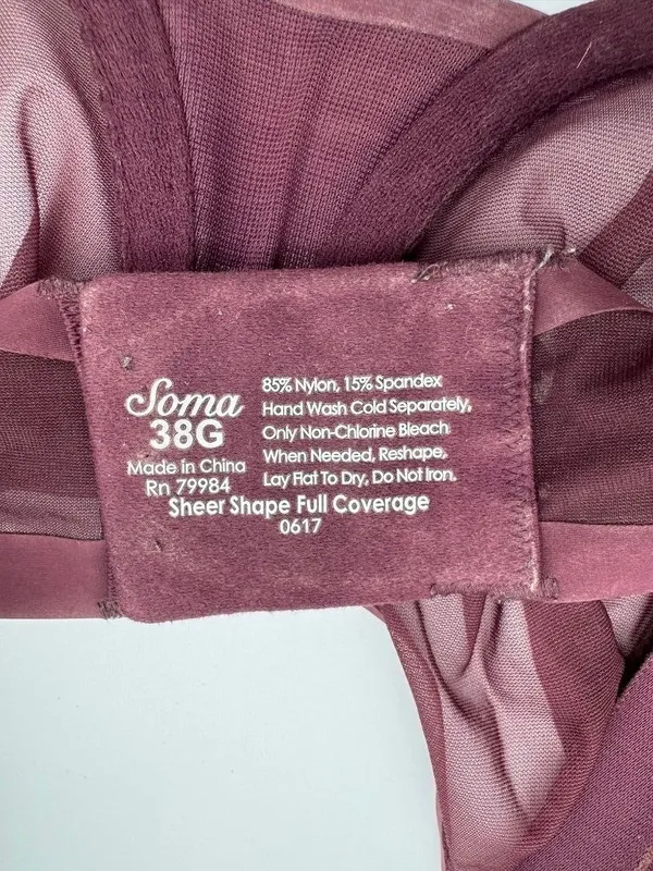 Soma Sheer Shape Full Coverage Bra Burgundy Maroon Sexy Underwire Size 38G - Image 6