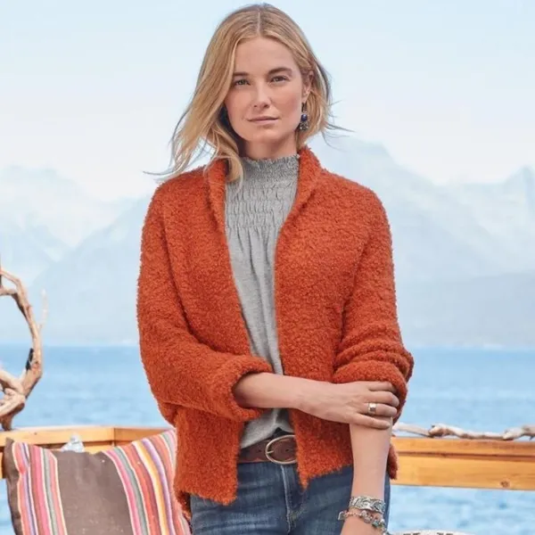 SUNDANCE Laurel Breeze Cardigan Sweater Solid Orange Boucle Knit Wool Small - Image 4