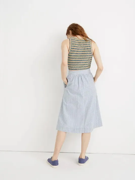 Madewell Tie Palisade Button-Front Midi Skirt in Pilar Stripe Blue White Size 8 - Image 3