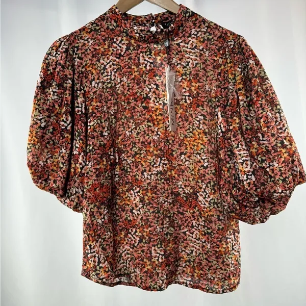 NWT Minkpink Gabae High Neck Floral Blouse‎ in Red Multi Size Small - Image 5