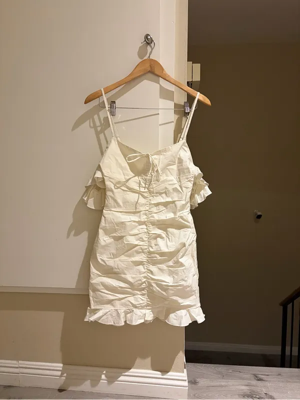 Oh Polly Cream ruched Ruffle Mini Dress with off the shoulder design - Image 2