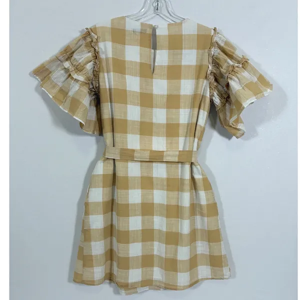 Who What Wear Womens M Mustard Yellow Gingham Cotton Ruffle Sleeve Mini Dress - Image 2