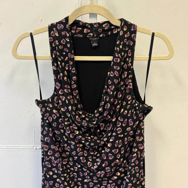Ann Taylor Sleeveless Cowl Neck Leopard Print Sheath Dress Purple Black Small - Image 3