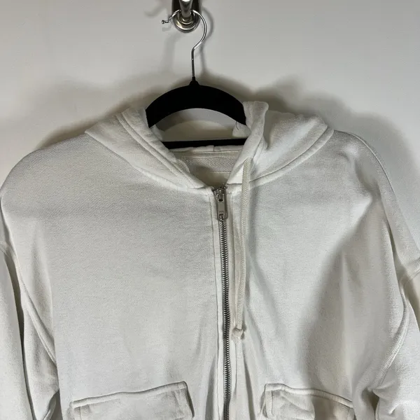 Aerie Womens Cropped Hoodie Sweatshirt Full Zip Pockets Size Medium White‎ - Image 2