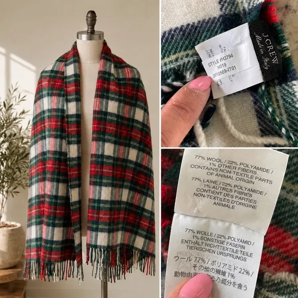 J.Crew Plaid Scarf Womens OS Red Green Holiday Academic Wool Blend Made in Italy - Image 2