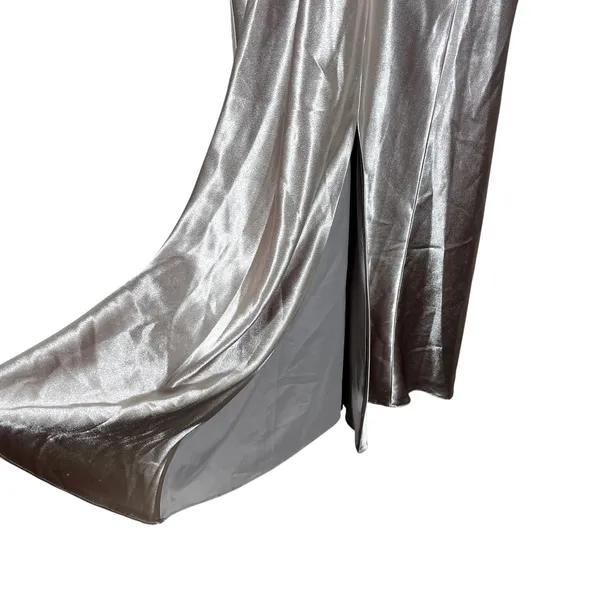 Birdy Grey Jesse Satin Maxi Dress Taupe Pink Formal Flutter Slit Size L - Image 4