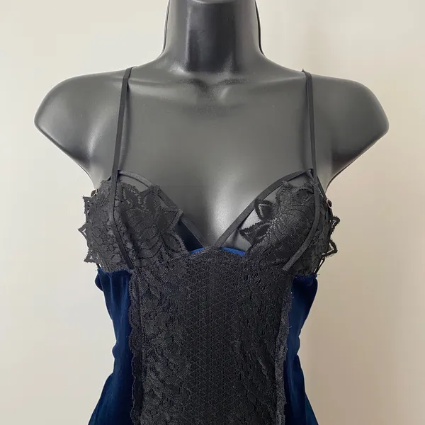 Whimsigoth Velvet Lace Moody Witchy MobWife Goth Bodysuit Small Blue Black - Image 4