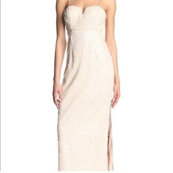 Aidan Mattox Sz 0 Sequin Cream Wedding Bridal Sweetheart Maxi Dress Side Slit - Image 2