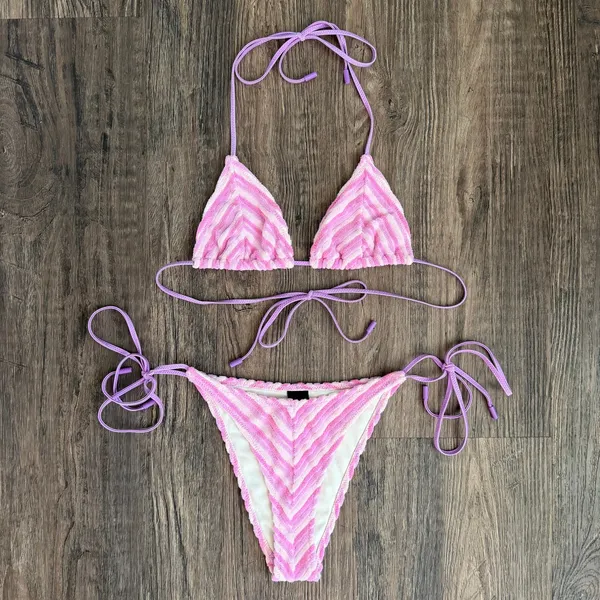Triangl Swimwear Vinca Lotus Pink Stripe Terry Toweling Bikini Set Size Small - Image 3