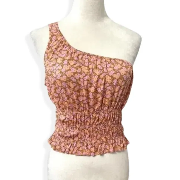 BP Allison One Shoulder Crop Top Floral Pattern Shirred Waist Pink W Small NWOT - Image 2