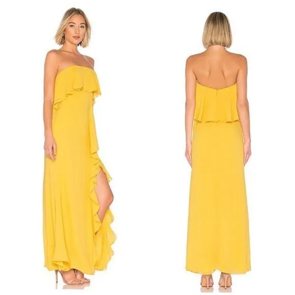 Lovers + Friends Women’s Yellow Strapless Ruffle High Slit in Front Jeadora Gown - Image 3