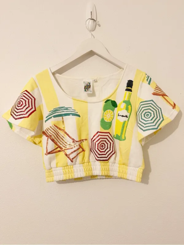 Queen of Sparkles Yellow Stripe Embellished Crop Top Size Small S * - Image 2
