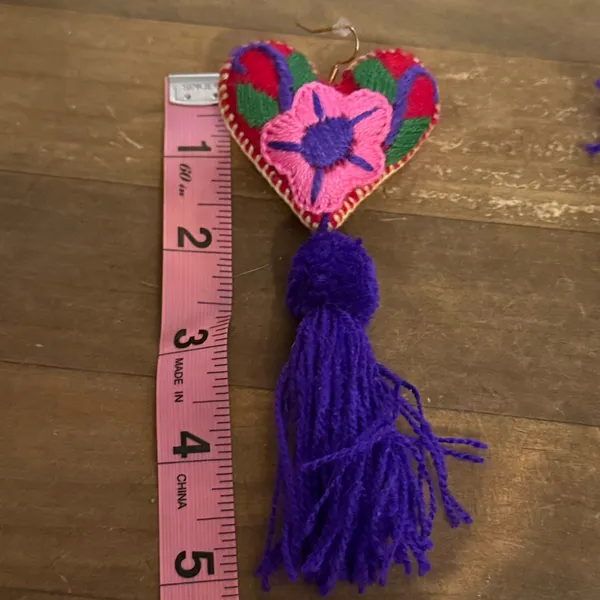 Colorful embroidered heart tassel earrings - Image 3