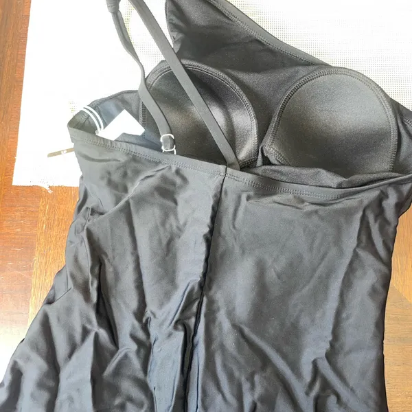 Women’s One Shoulder Black One Piece Swimsuit Ruched Tummy Control Size Large - Image 2